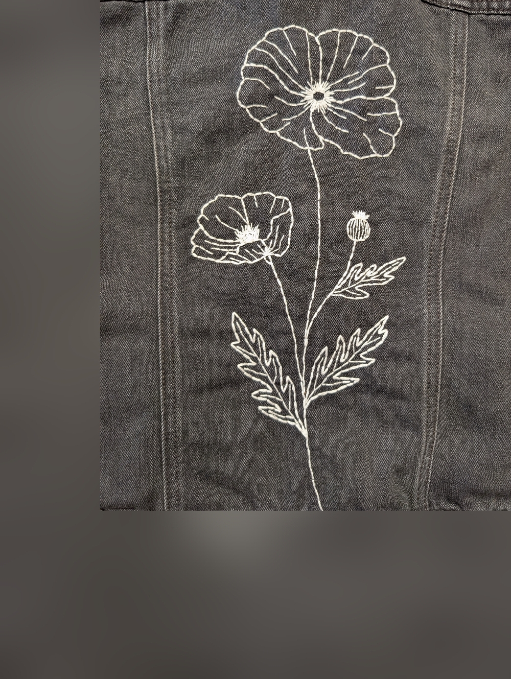 Black Denim Jacket with White Floral Back Embroidery - Picture 2 of 10
